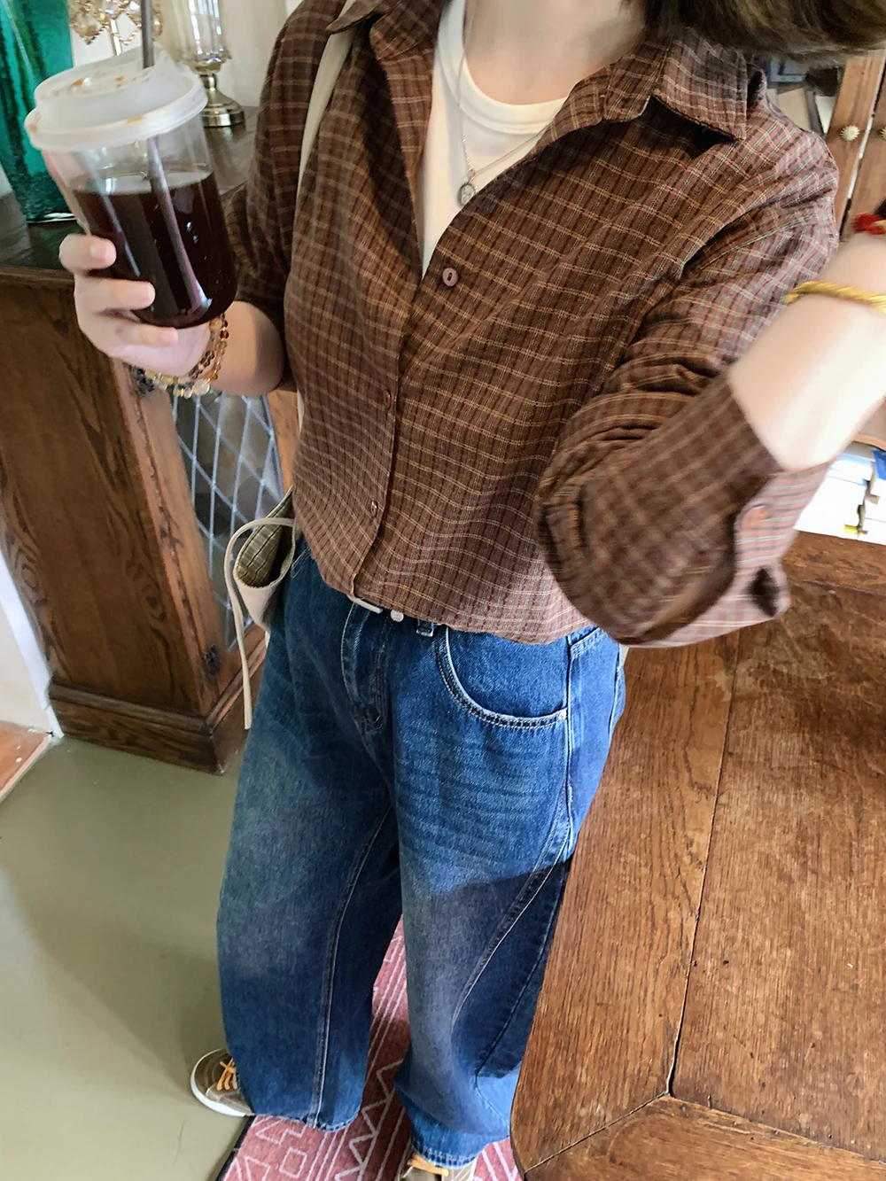 

ELINSU Vintage Plaid Long Sve irt Women Loose Fit Single Button Spring Autumn New Sle Cotton Polyester Blend Col...