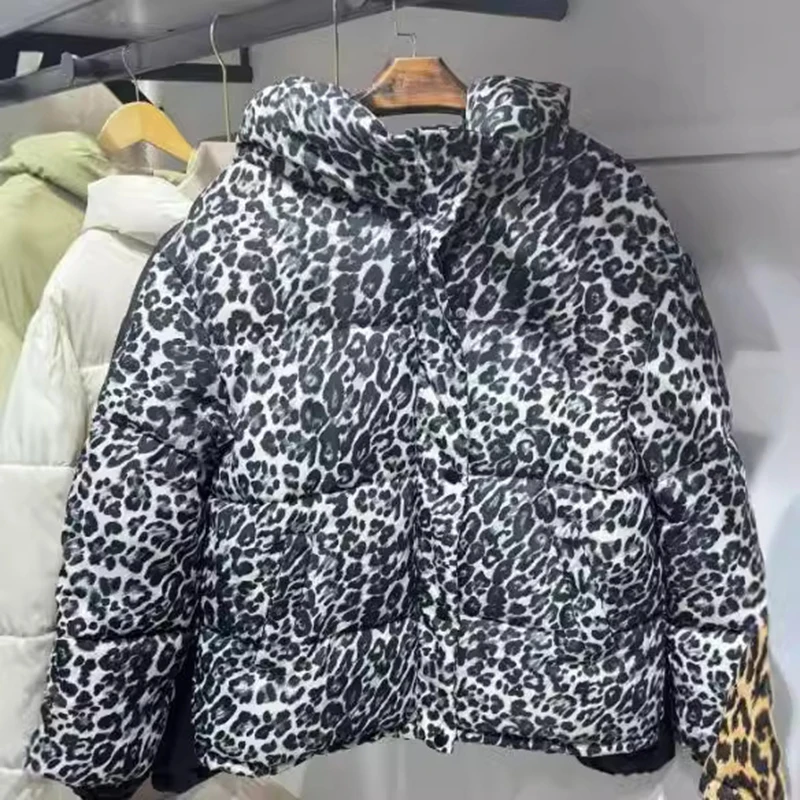 Autumn Winter Women Leopard Print Parkas Long Sleeve Padded Coats Female Cotton Jackets Lady Stand Collar Zipper Outerwear