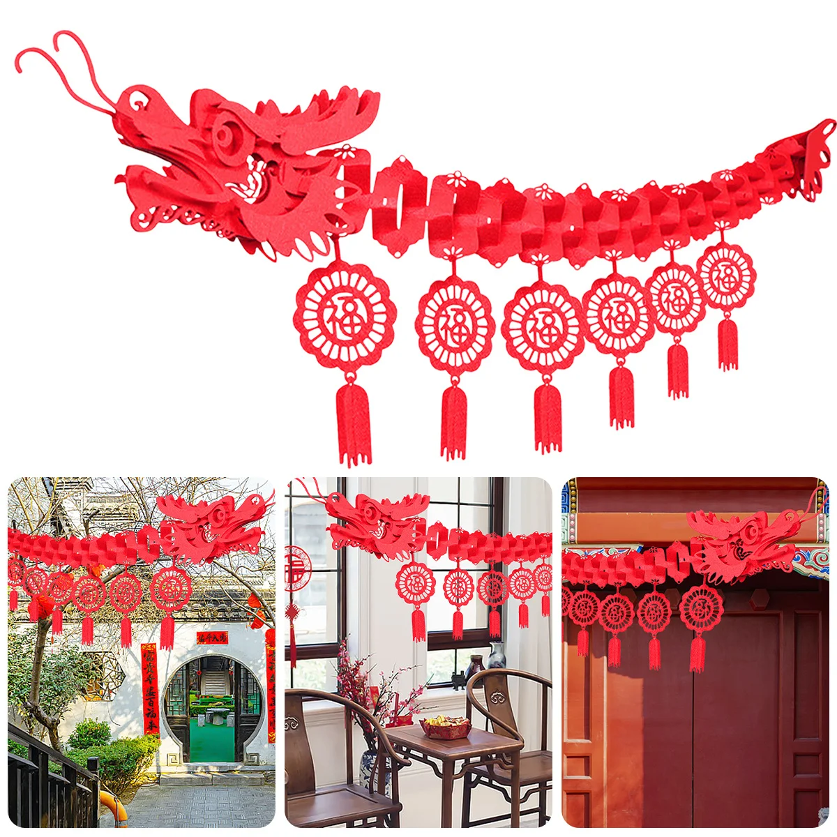 Chinese New Year Dragon Decoration Banner with 12 Hanging FU Charms Red Loong Garland for Lunar New Year, Festival Party Decor