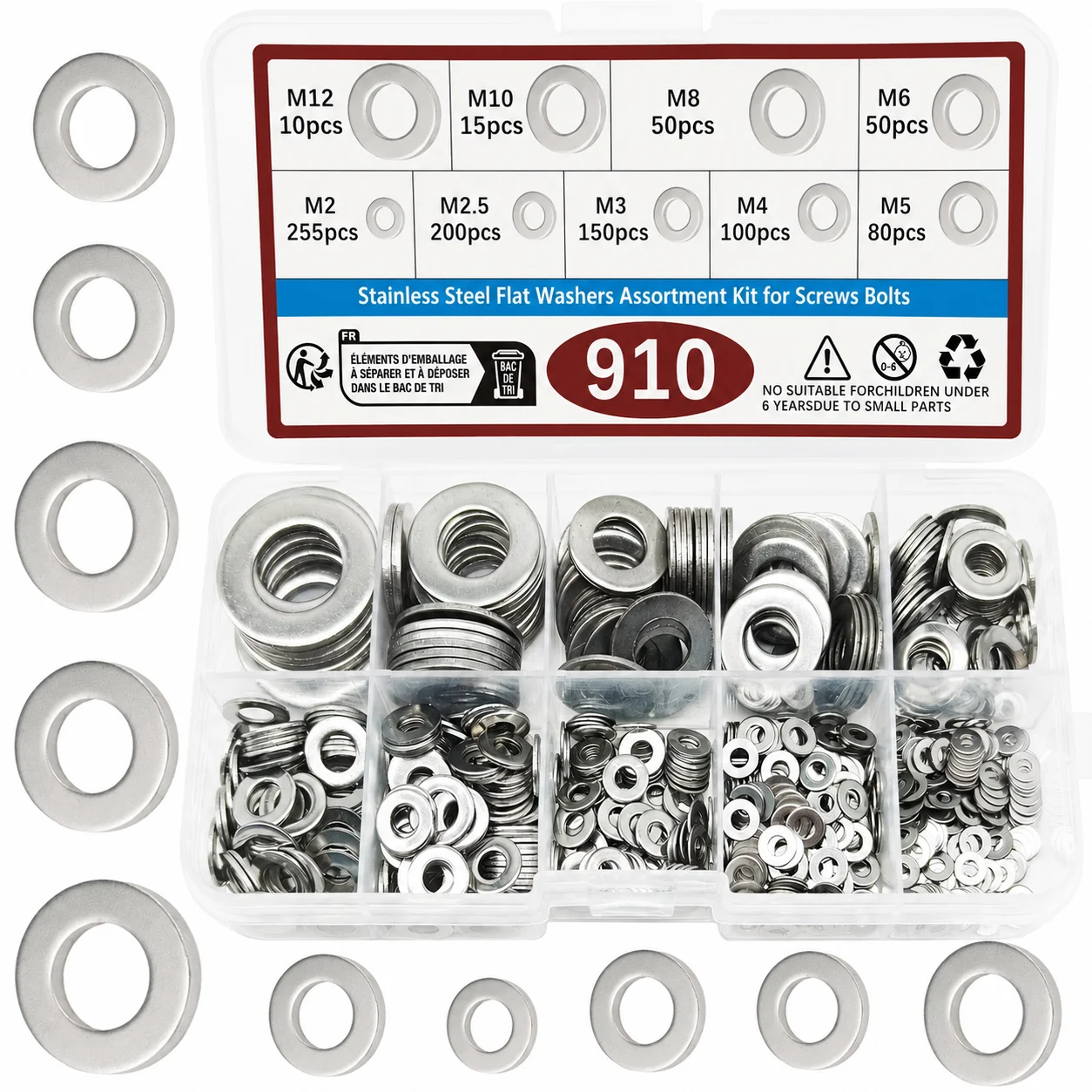 910/200pcs Stainless Steel Flat Washers Assortment Kit, M2-M12 9 Sizes Metric Washers for Bolts, Screws, DIY Home, Factory Repai
