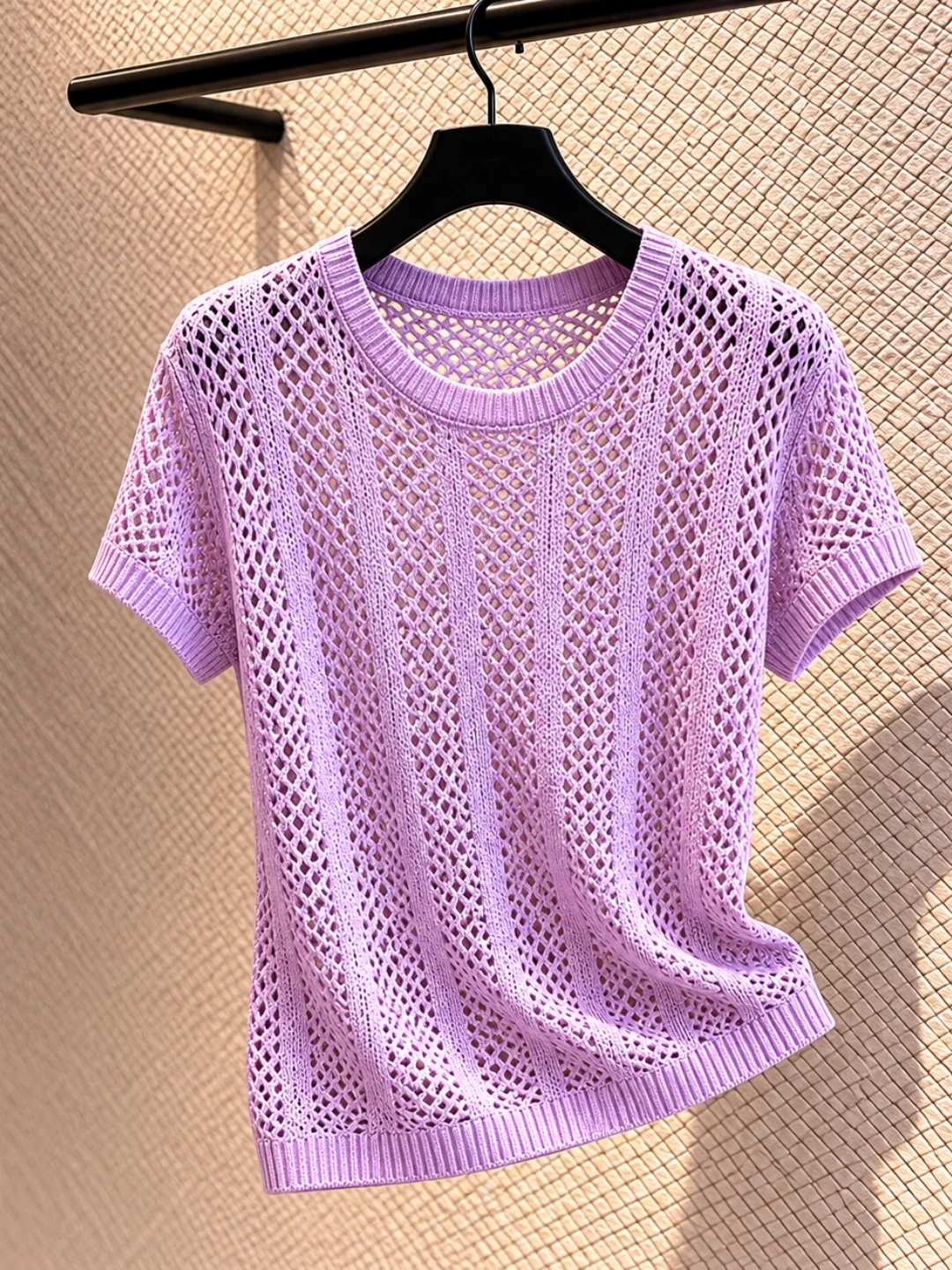 Lightweight Breathable Ice Silk Knitted Sun Protection Top Hollow Design Elegant Loose Fit Short Sleeve round Neck Fashionabl...