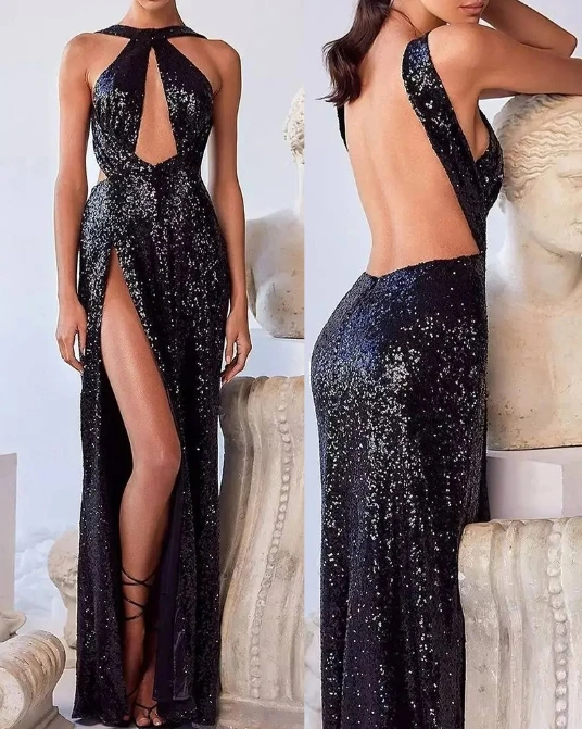 

2024 New Women's Fashion Sexy Hanging Neck Off Back Black Sparkling Hem Split Dress