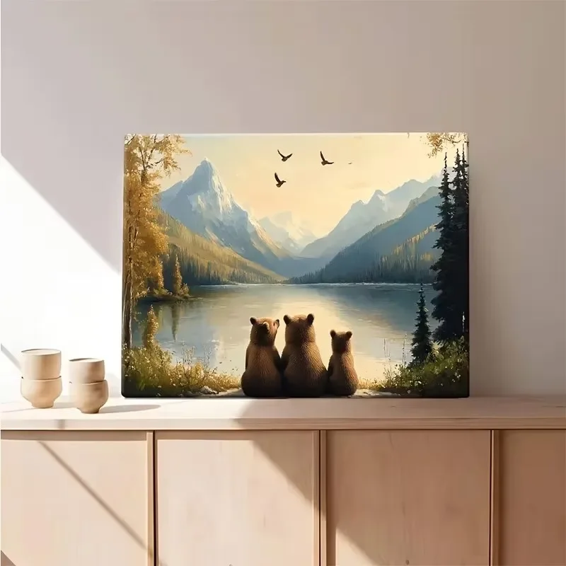 Multiple sizes 1pc frameless Canvas Painting,Bear Family Nursery Woodland Animals Mountain Poster and Prints Canvas Painting Wal