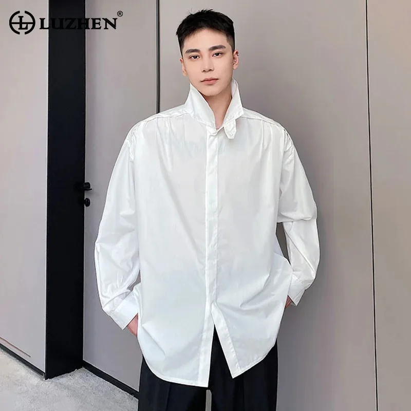 

LUZHEN 2025 New Fashion Niche Pleated Shoulder Design Casual Long Sleeve Shirts Men Solid Color Stand Collar Elegant Tops JY3688