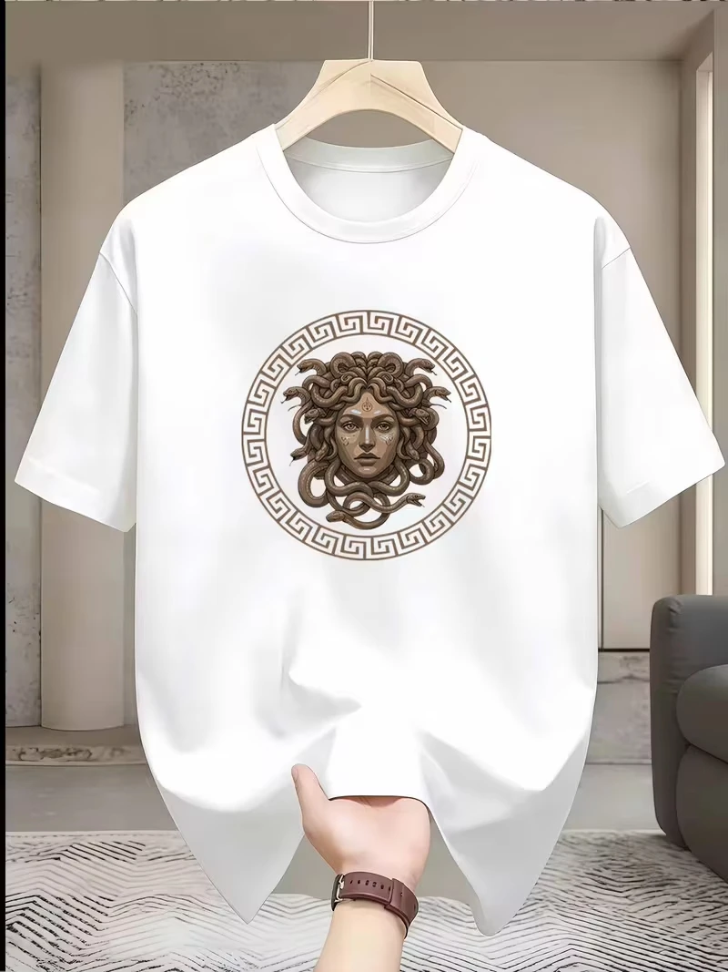 Unisex Ancient Greek Art T Shirt Medusa Portrait With Geometric Circle Border Chest Print Crew Neck Casual Short Sleeve Top