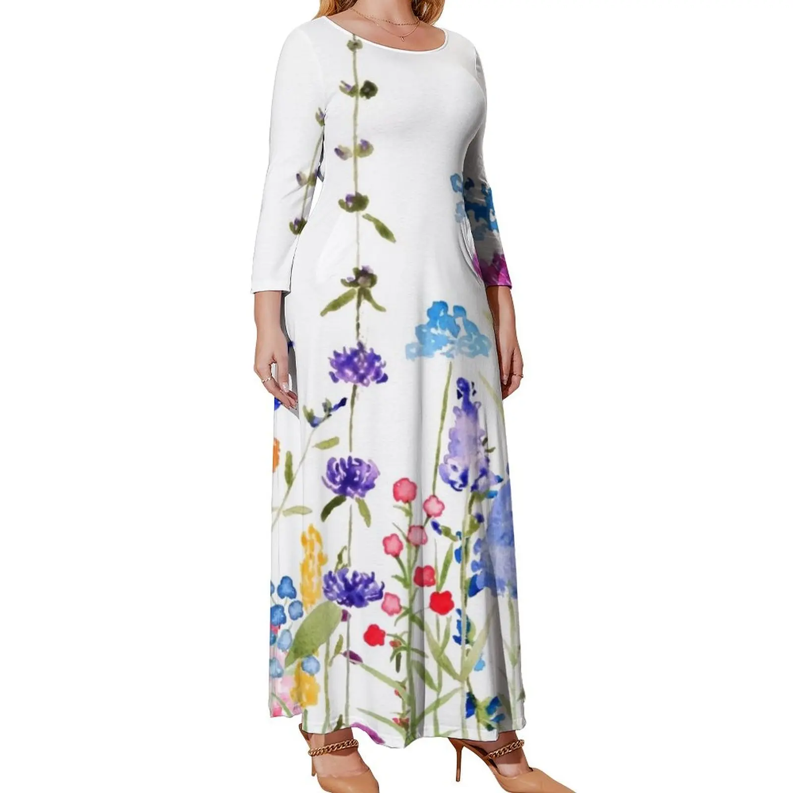 

hand painted colorful wild flowers watercolor painting Long Sleeved Dress Cocktail of dresses womens dress