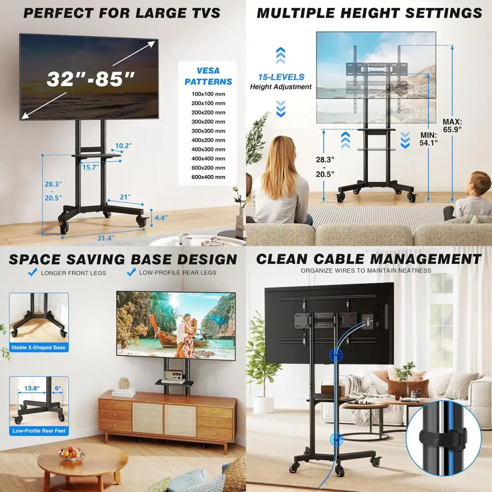 Portable TV Cart for 32-85 Inch TVs,150lbs, Adjustable Height, Silent Wheels, Suitable for Bedroom, Living Room, Office