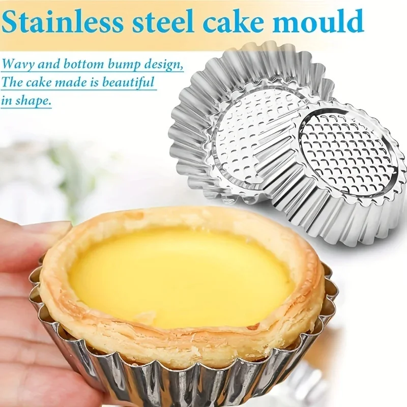 10pcs Large Stainless Steel Non-Stick Egg Tart Molds - Fluted Baking Pans for Perfect Pies,Cakes,and Tarts, Kitchen Baking Tools