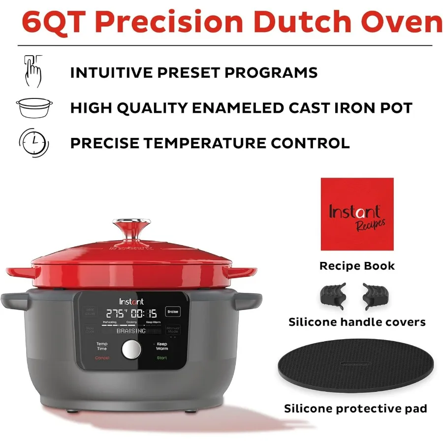 فرن هولندي مستدير كهربائي 6 كوارت 1500 وات من صناع 5in1: Braise Slow Cook Sear Saute جهاز تسخين الطعام مقلاة الطبخ المطلية بالمينا
