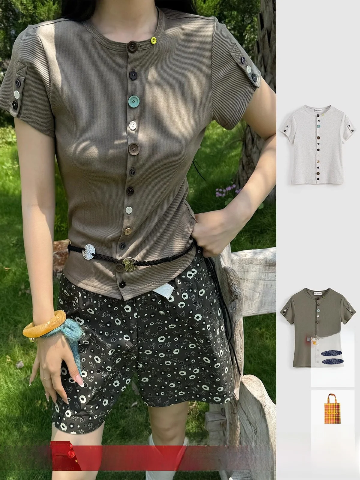 

Button Slim Fit ort Sve T-irt DEARSOCUTE Elastic Rib round Ne Casual Comfortable Breathable Women's Top