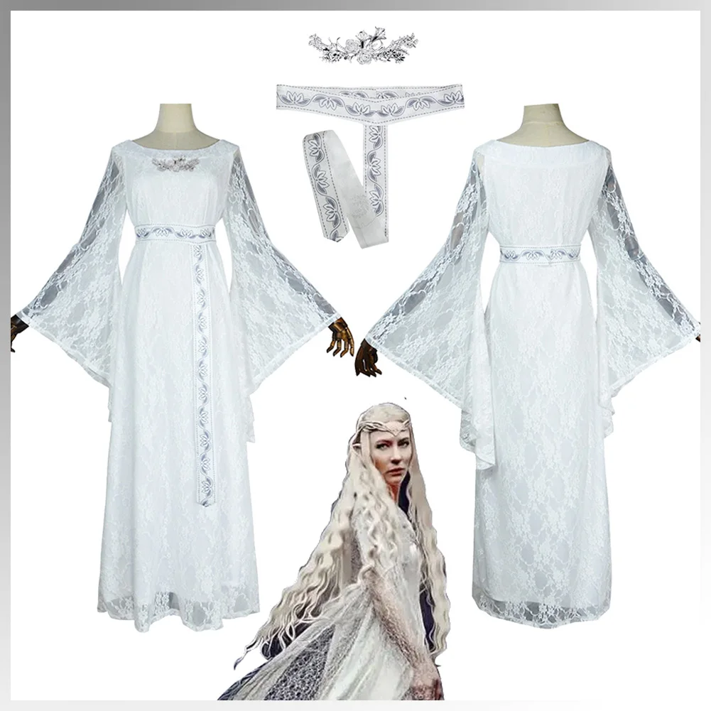 Movie Lorded Rings Costume Disguise Elf Princess Galadriel Cosplay Fantasy Vintage Mesh Lace Dress Clothing Adult Women Outfits