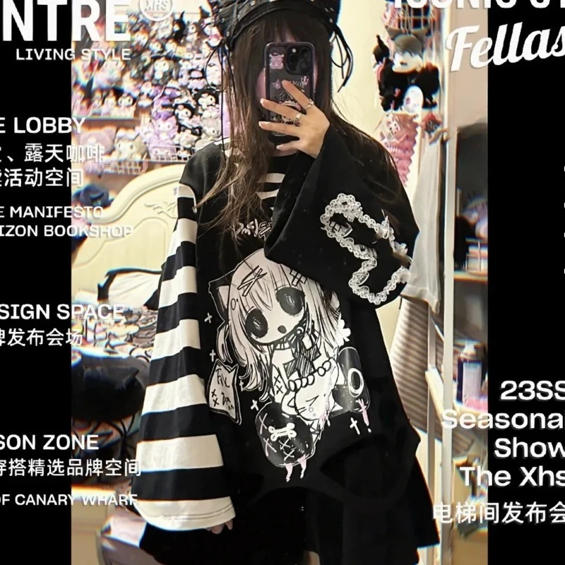 Gothic Original Subkultur Cartoon Ästhetik Hoodie Spitze Y2k Frauen Sweatshirt Japanische Kawaii Pullover Mit Kapuze Tops Schwarz Weiß
