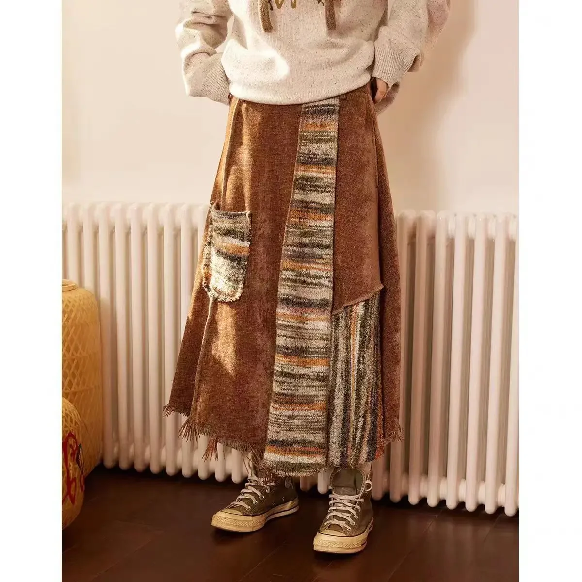 กระโปรงโบฮีเมียนพิมพ์ลายแฟชั่นใหม่สำหรับผู้หญิง กระโปรงทรงเอแบบลำลอง ตัดต่อสีตัดกัน ทรงเอไลน์ ไม่สมมาตร สำหรับฤดูใบไม้ร่วง