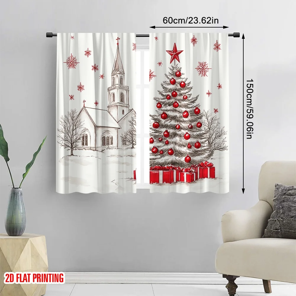 2pcs,2D plane printing Popular Curtain Panels Christmas Tree Snow Village_a (3) Versatile Polyester (without rod) Art Deco