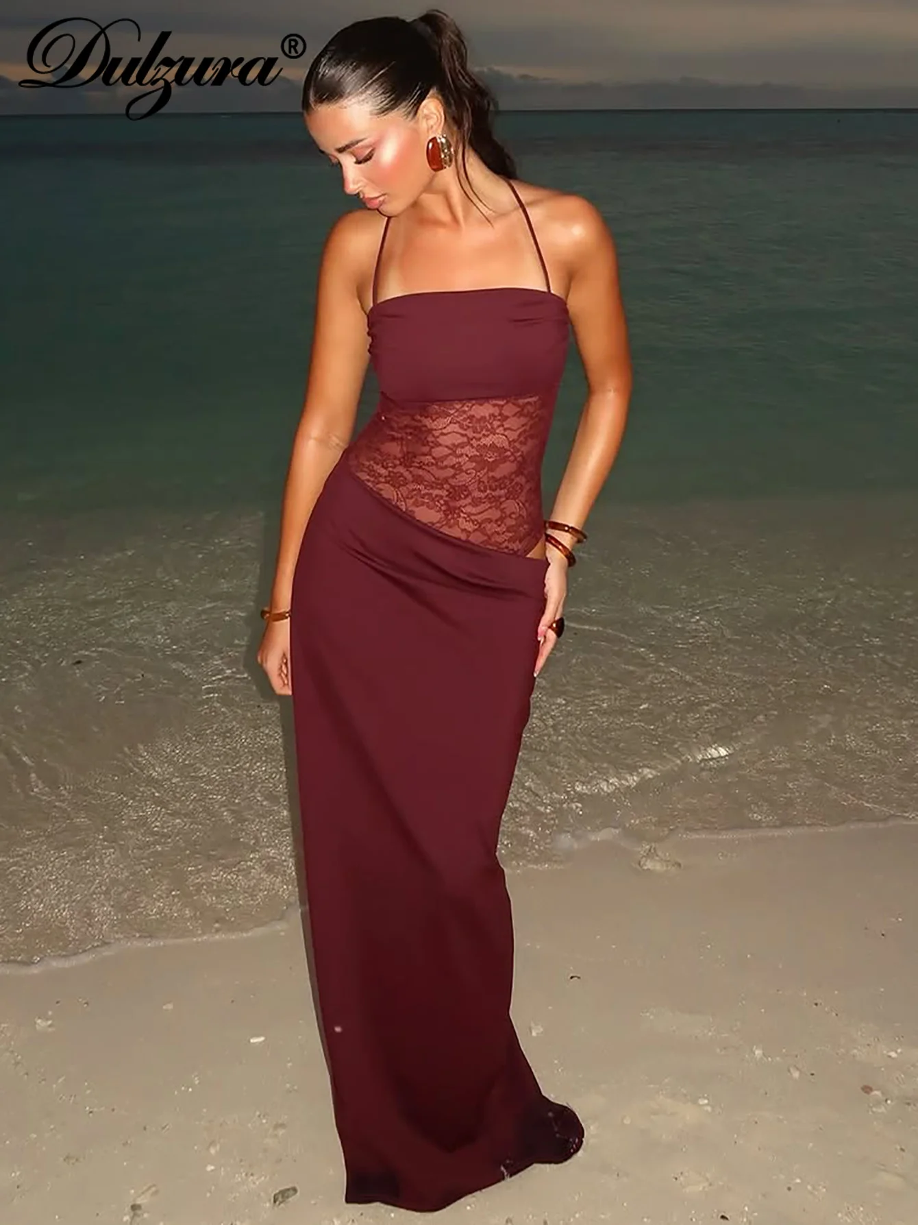 Dulzura Senza maniche Backless Cut Out Lace Up See Though Lace Patchwork Cami Maxi Dress Solid Sexy Abito elegante Party Club Outfit