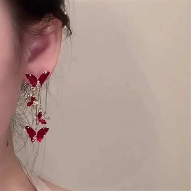 Fashion Red Zircon Long Tassel Butterfly Drop Earrings for Women Elegant Sweet Butterfly Metal Earring Party Charm Jewelry