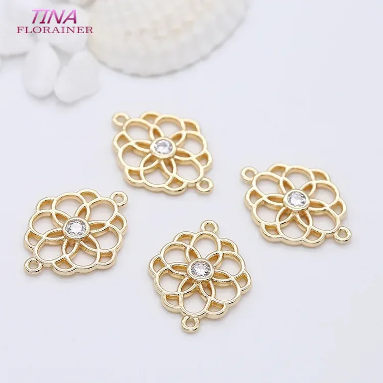 

6PCS 15x20MM 14K Gold Color Plated Brass with Zircon Flower Connector Charm Pendants High Quality DIY Jewelry Making Findings