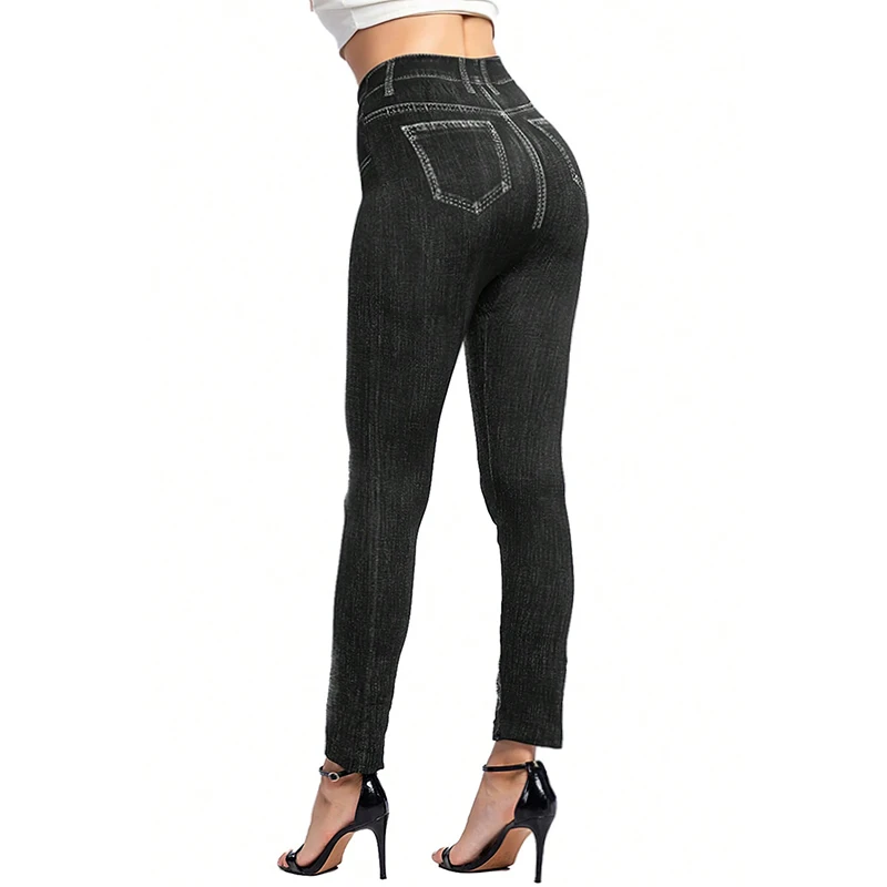 PD395 New European and American Fashion Striped Printed Denim Inspired Leggings with Elastic Hip Lifting Cropped Pants