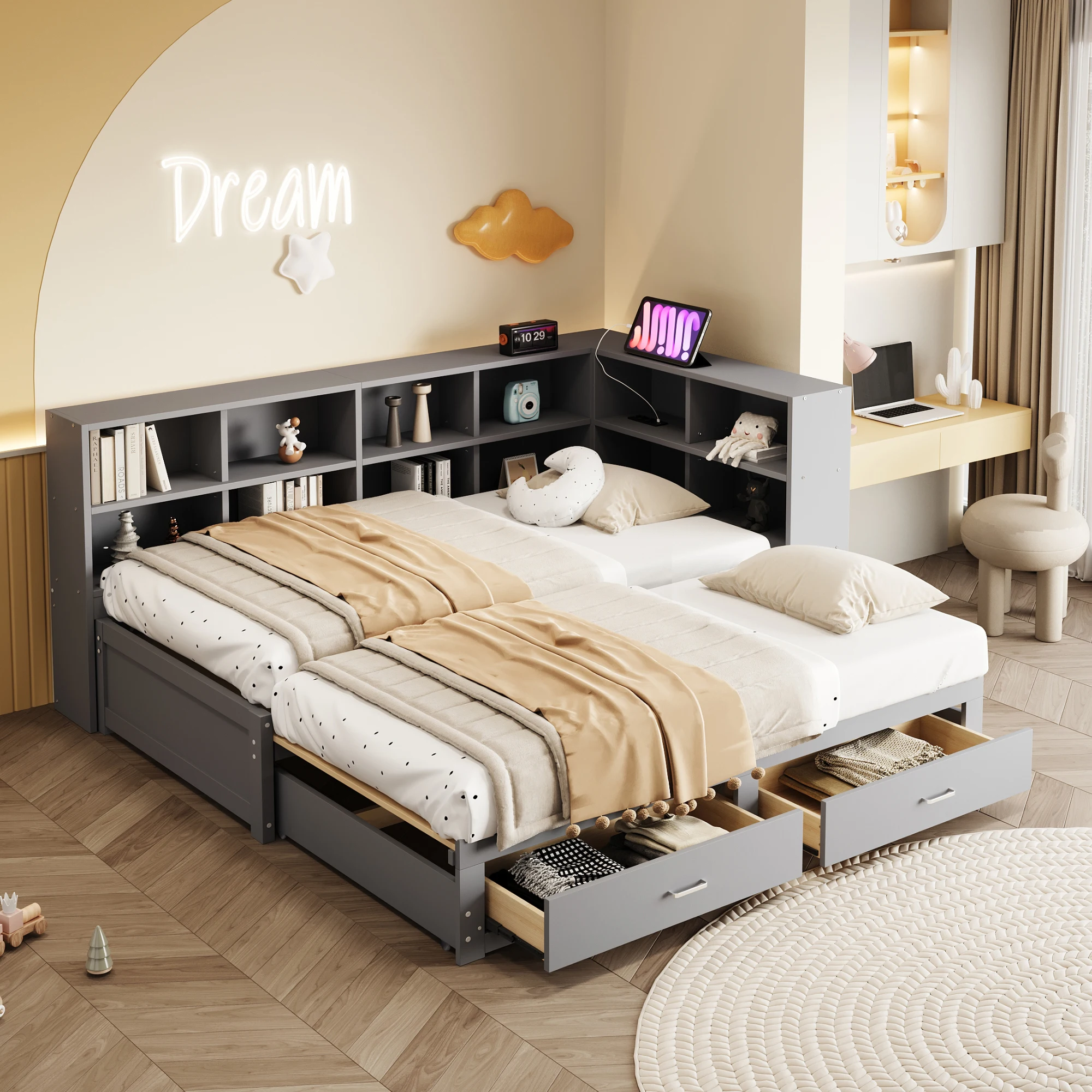 Lit gigogne en bois 90/180x190 cm - Litenfant avec rangement, tiroirs et prise électrique, sommier à lattes, gris