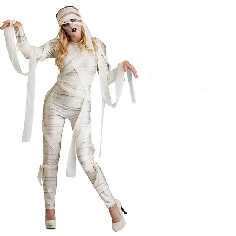 Kids Adult White Mummy Costumes Halloween Zombie Role Play Clothes Terror Dead Body Set for Girls Women Role Playing