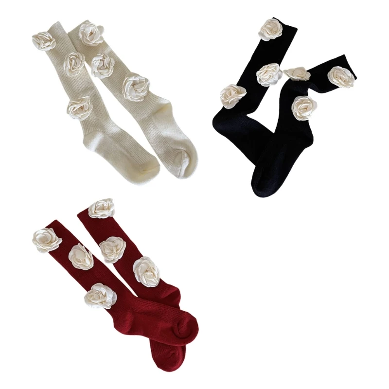 

Women Winter Wool Thick Over the Calf Socks 3D Camellia Flower Long Tube Socks Drop shipping