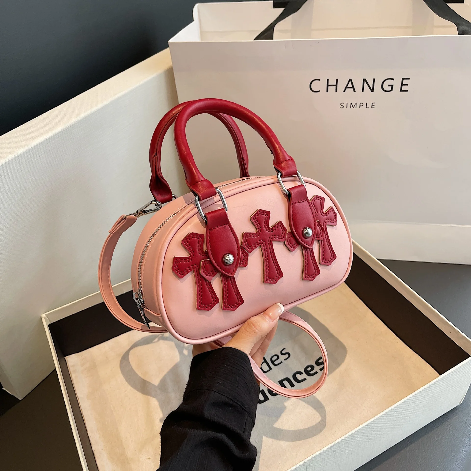 2026 New Color Block Round Bag Geometric Cross Design Mini Crossbody Shoulder Top Handle Casual Everyday Purse