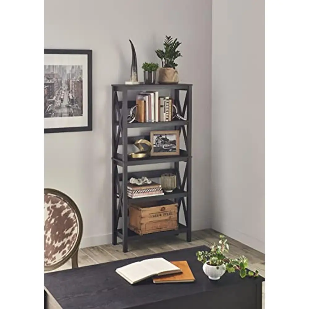 Modern X-Frame Design 5-Tier Bookshelf Black Walnut Wood 63.4