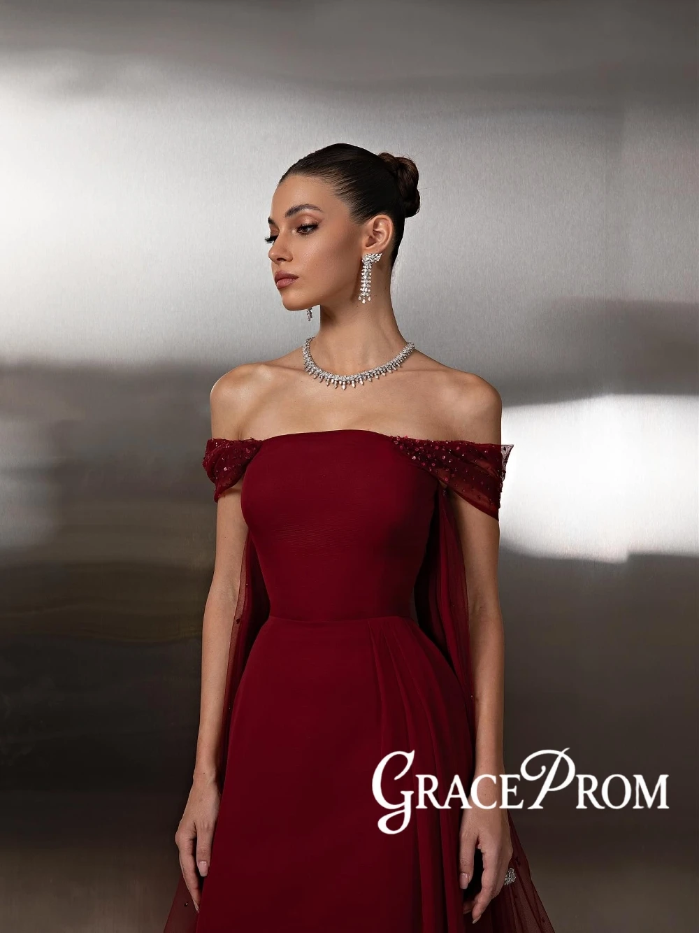 

Burgundy Beaded Lace Evening Dress With Cape Customized Graceful Off Shoulder Prom Gown Statement Formal Events Women Wear