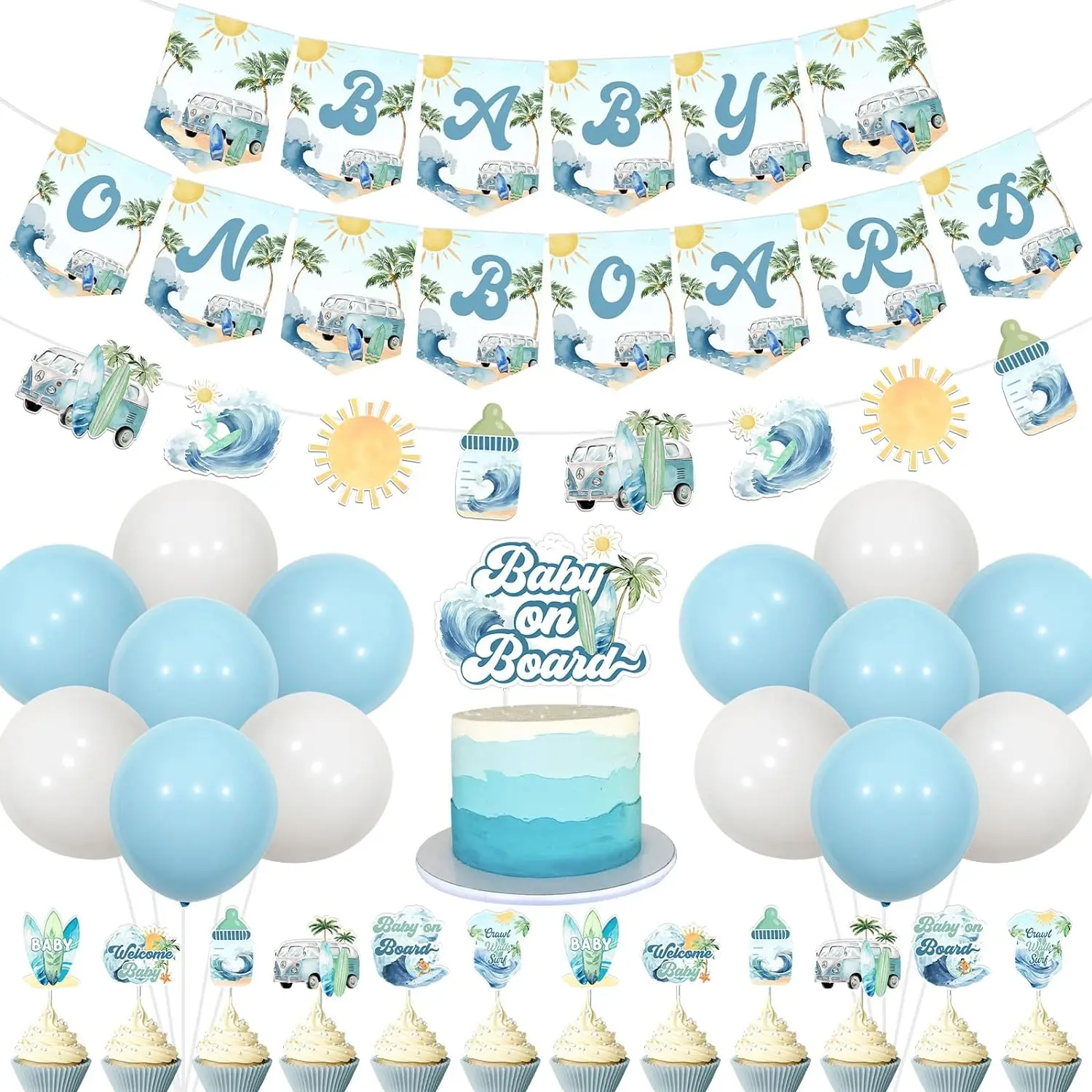 

Baby On Board Surf Baby Shower Decor Balloons Banner Garland Cake Cupcake Toppers for Surf Welcome Baby Boy Surfing Shower