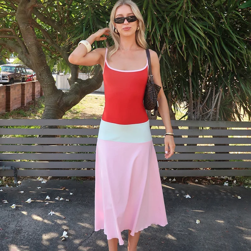 Ticketsx Sexy Plunge Contrast Sling Dress Women's Fashion Backless Patchwork Slim Long Dress Summer Vacation Streetwear Vestidos