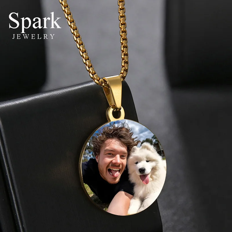 Spark Customized Necklace Colorful Photo Engraved Name Round Pendant Necklace for Men & Women Couple Anniversary Gift