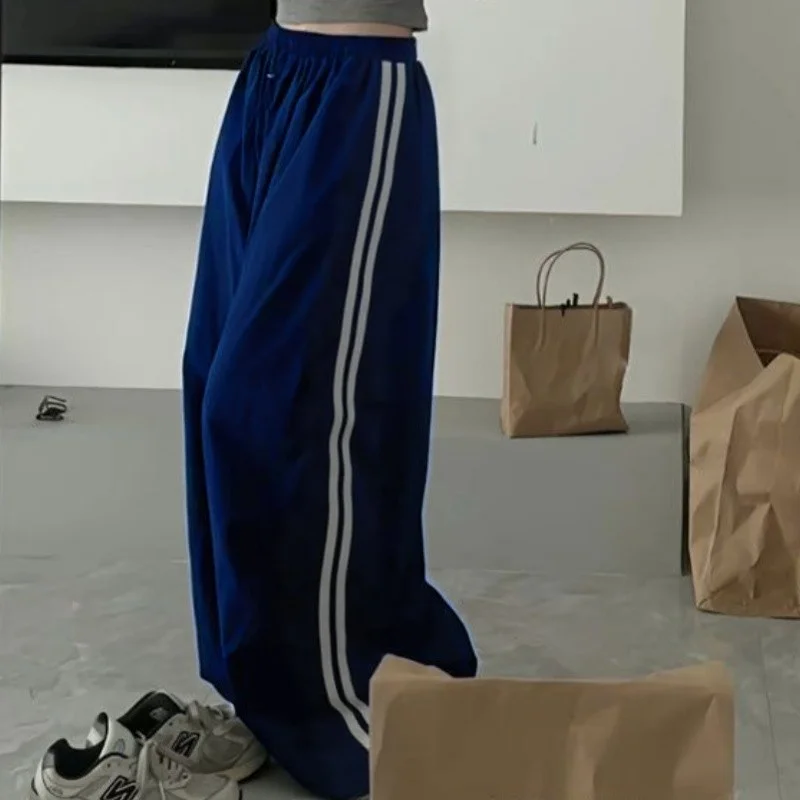 Harajuku Vintage Baggy Hosen Mode Frauen Gestreiften Tasche Elastische Hohe Taille Breite Bein Hose Casual High Street Sweatpant Hosen – Detail 5