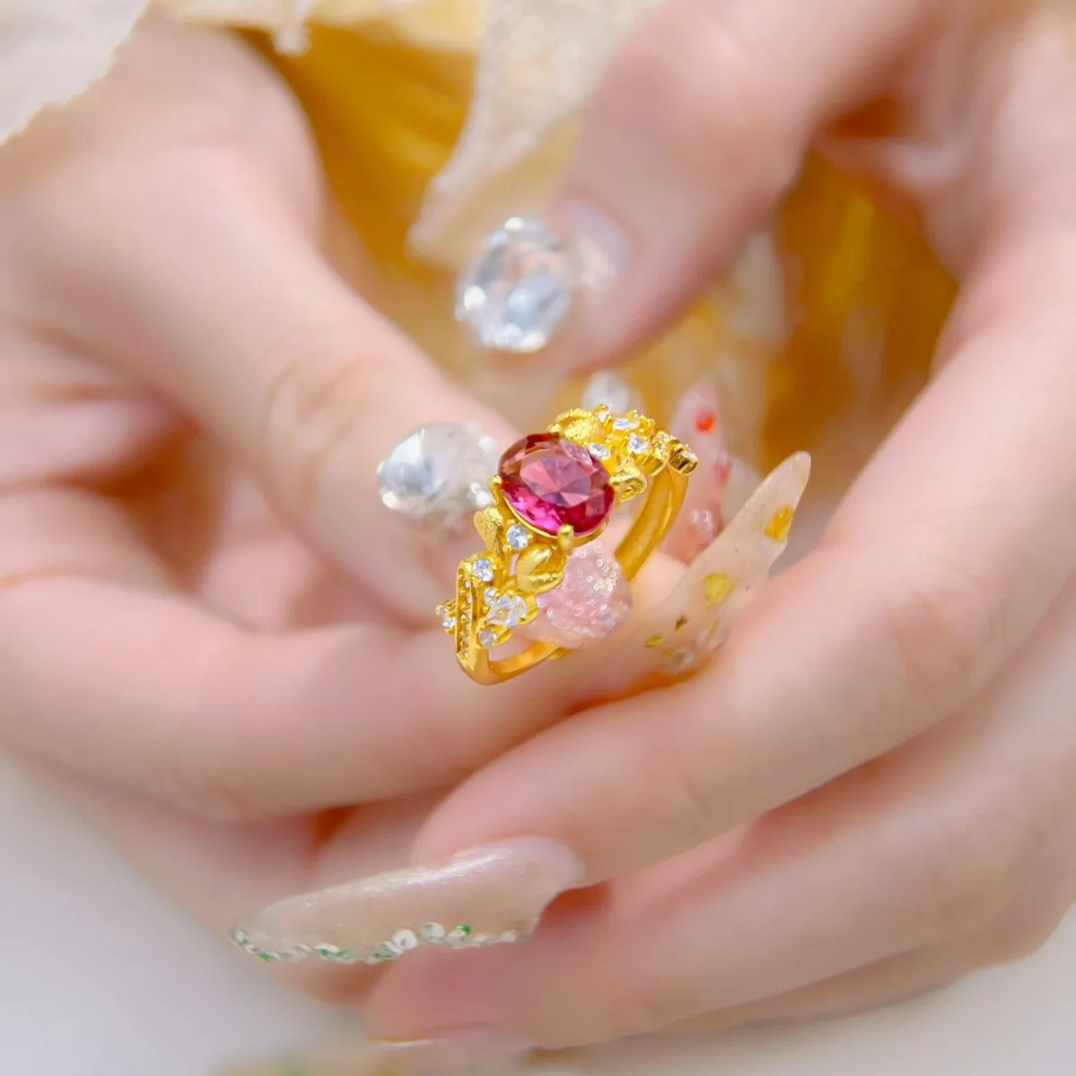 Luxury 24K 9999 Pure Gold real gold Women's Bauhinia Red Moissanite Opening Ring