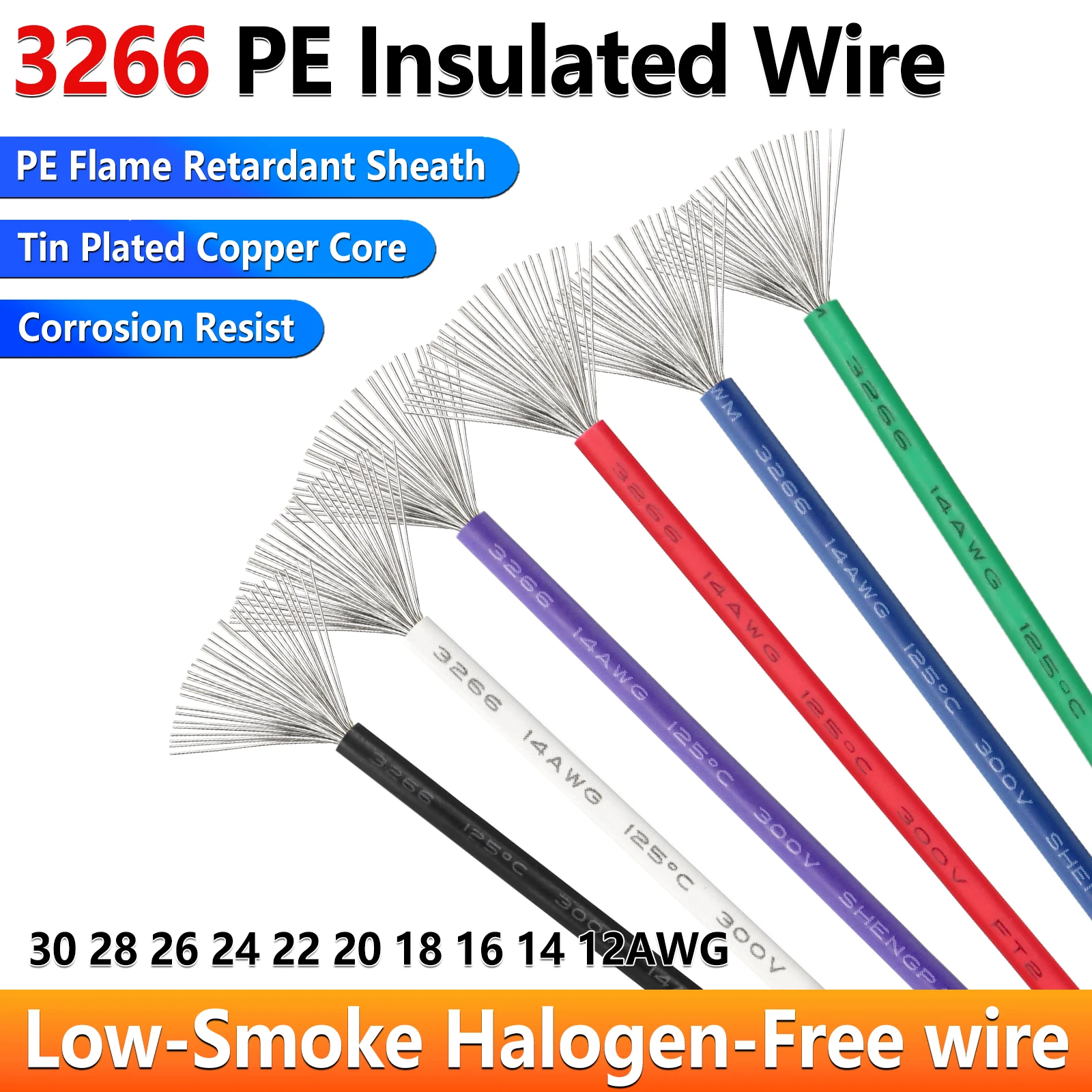 

2/5/10m 3266 Cable PE Insulated Wire 30 28 26 24 22 20 18 16 14 12AWG Low-Smoke Halogen-Free wire Irradiated Copper Wire