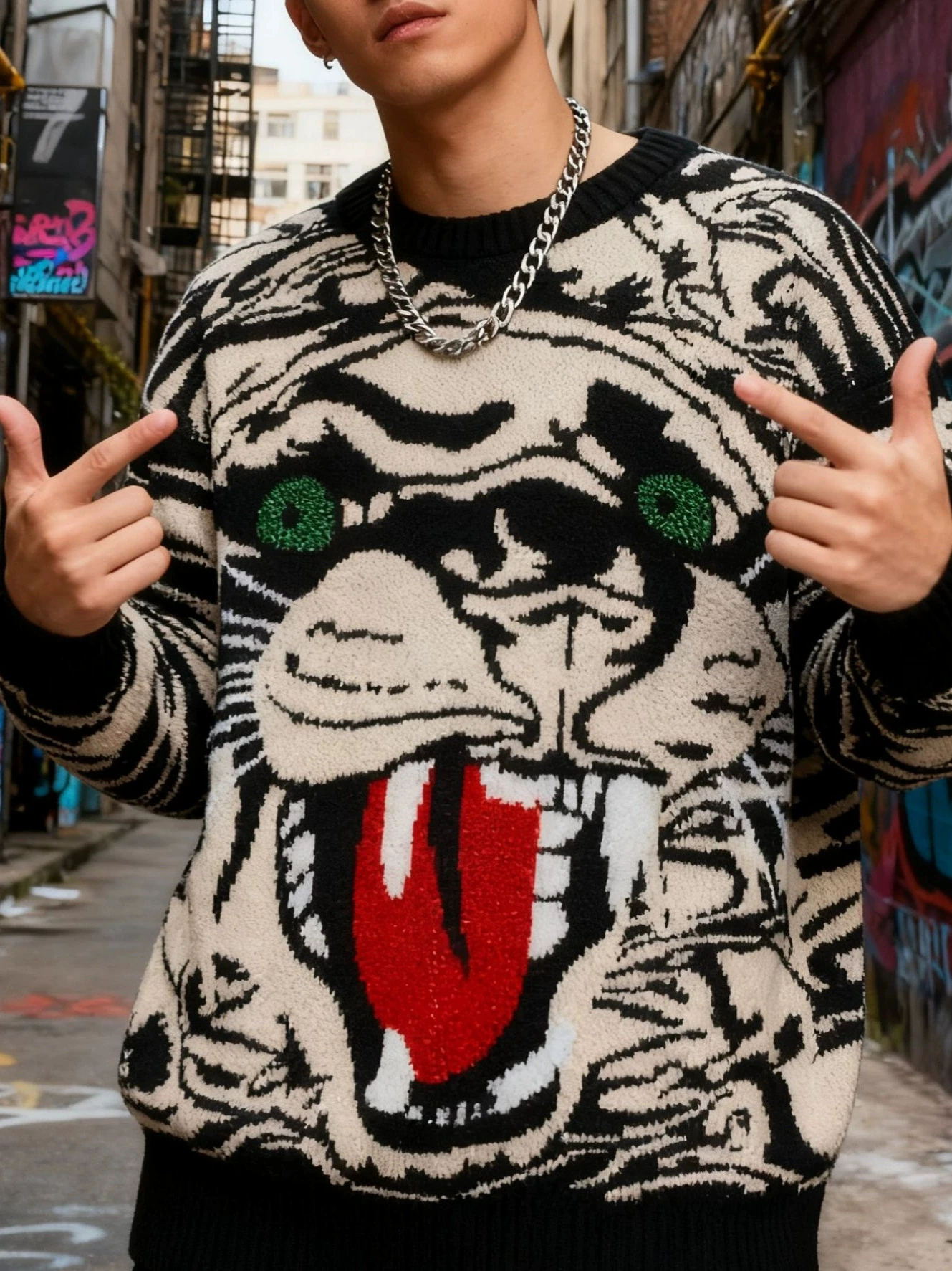 

Jacquard autumn and winter new tiger head color blocked pullover elegant men's hip-hop knit sweater men's wear