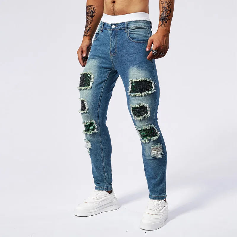 2025 New Fashion Patchwork Ripped Men's Slim Stretch Personality Vintage Denim Pants Korean Hip Hop Male Brand Clothing