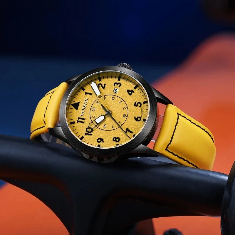 

Vintage Mechanical Men's Watches pilot Luxury Clock Male Yellow Fashion Calendar Classic Leather Strap watch