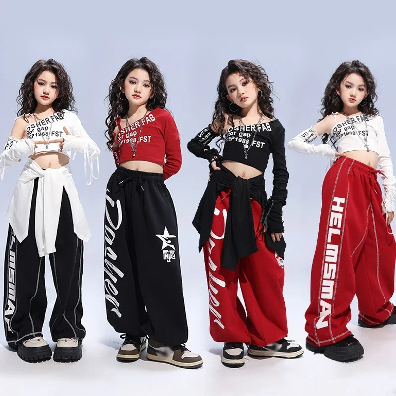 

Kids Hip Hop Dance Suit Black Crop Top Jogger Pants Street Dance Wear Girl Jazz Dance Stage Costume Kpop Shuffle Pants Red