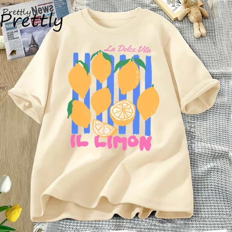 Lemon Tshirt Italian Summer Fruit T Shirt Cotton Short Sleve Loose Tshirt Women Ladies Vintage Graphic Tees Aesthetic Clothes