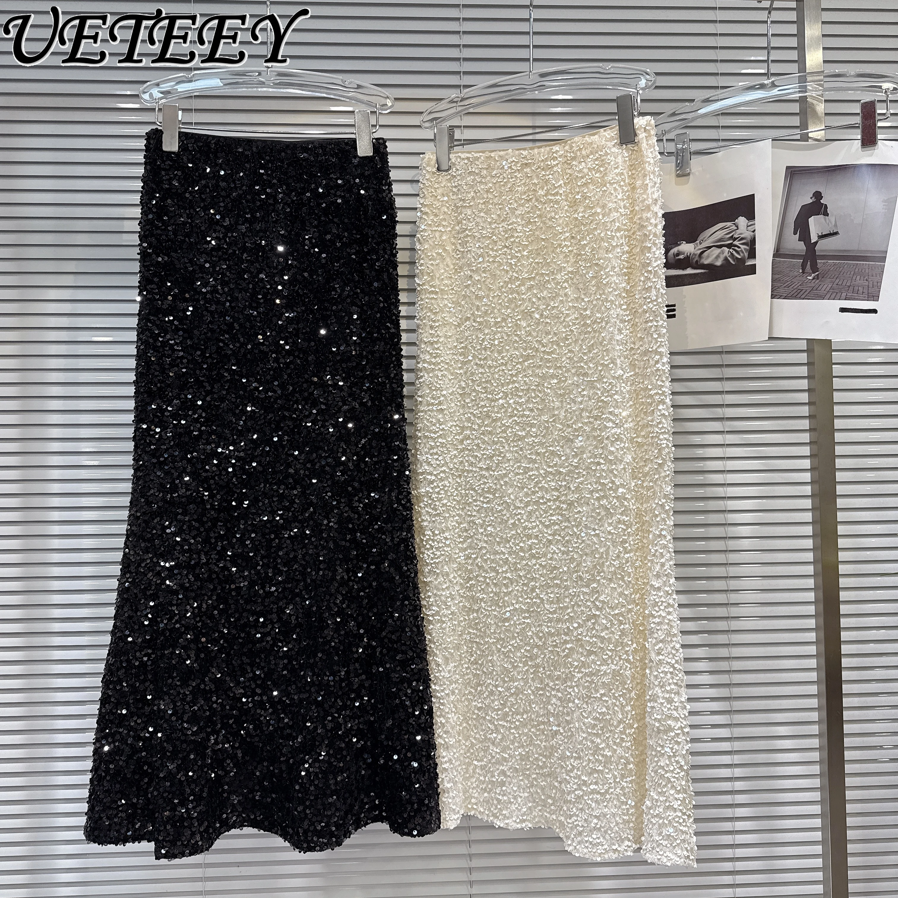 

Осень-зима 2022, новая роскошная светская юбка с тяжелыми блестками, женская облегающая юбка с высокой талией, черные длинные юбки, юбка-русалка