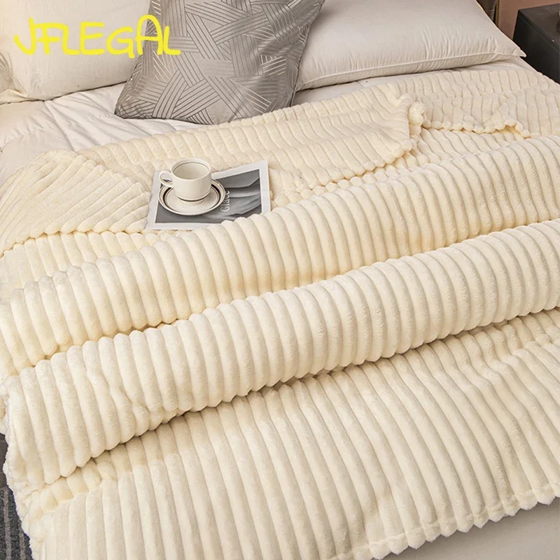 JFLEGAL Blankets for Bed Faux Rabbit Plush Throw Blanket Solid Color Striped/Plaid Thickened Blanket Office Conditioning Blanket