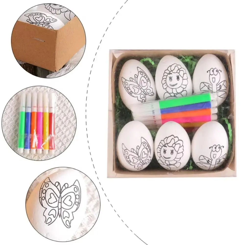6 Stück Färbe-Bastelset Oster-DIY Handbemalte Eier DIY Multifunktionale Schaum-Ostereier Cartoon mit Malstift Ostereier