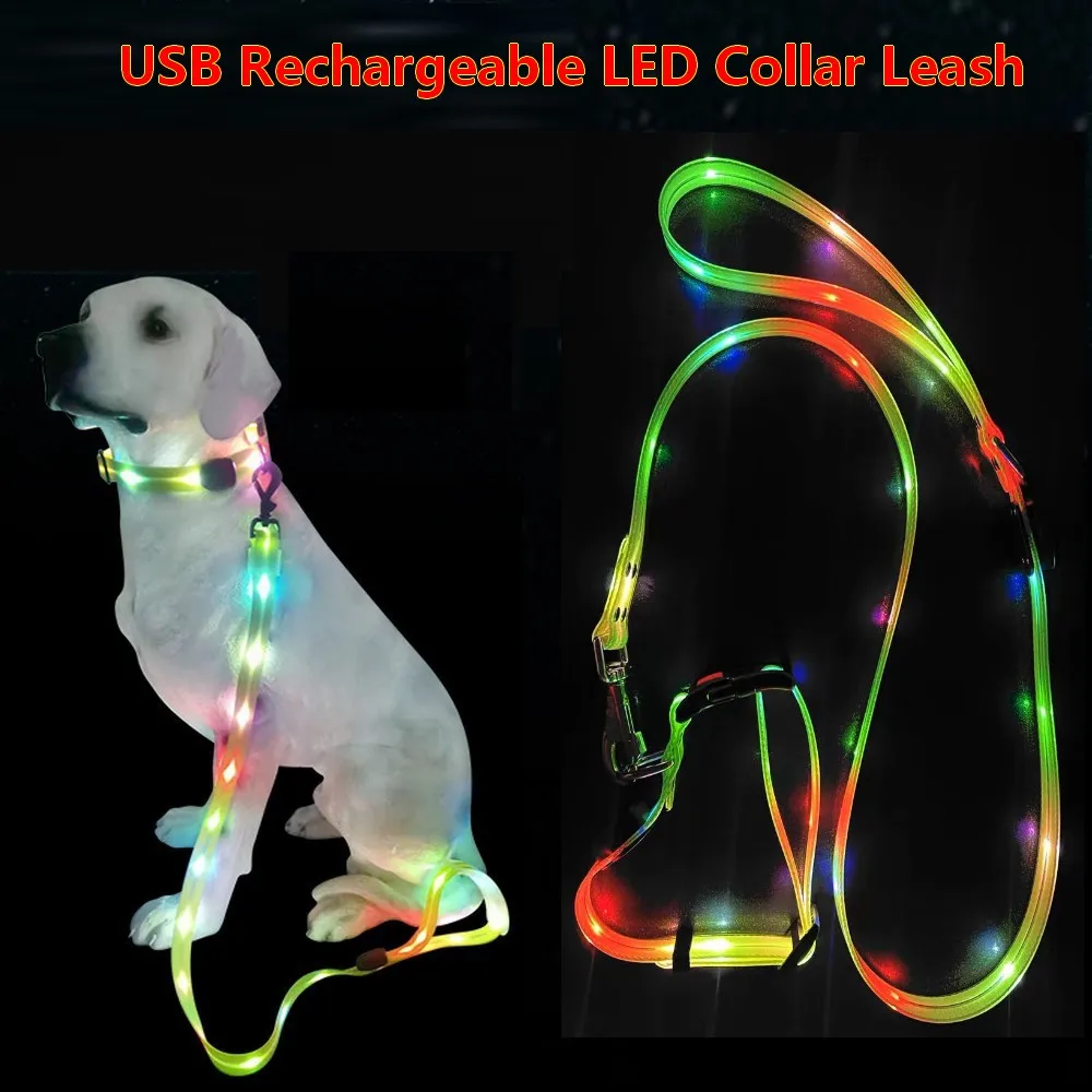 Light Up Dog Leash With Collar Set Waterproof PVC Rope USB Rechargeable Glow In The Dark Visiable Safety Night Walking