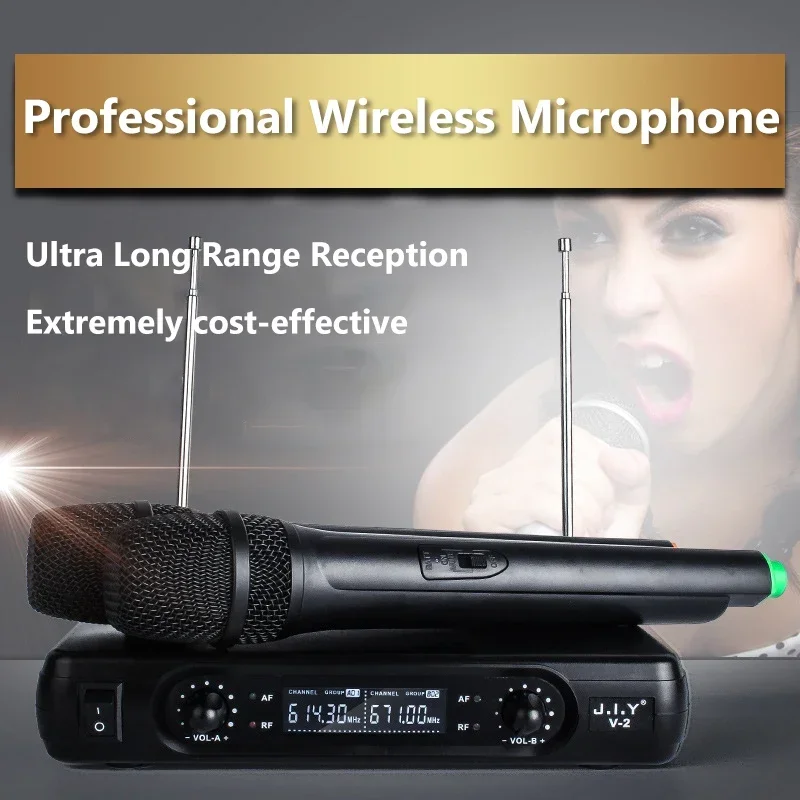 

Professional Wireless Microphone System 2 Channel Handheld Dynamic Mic for Home Karaoke Singing Loudspeaker Stage Performance