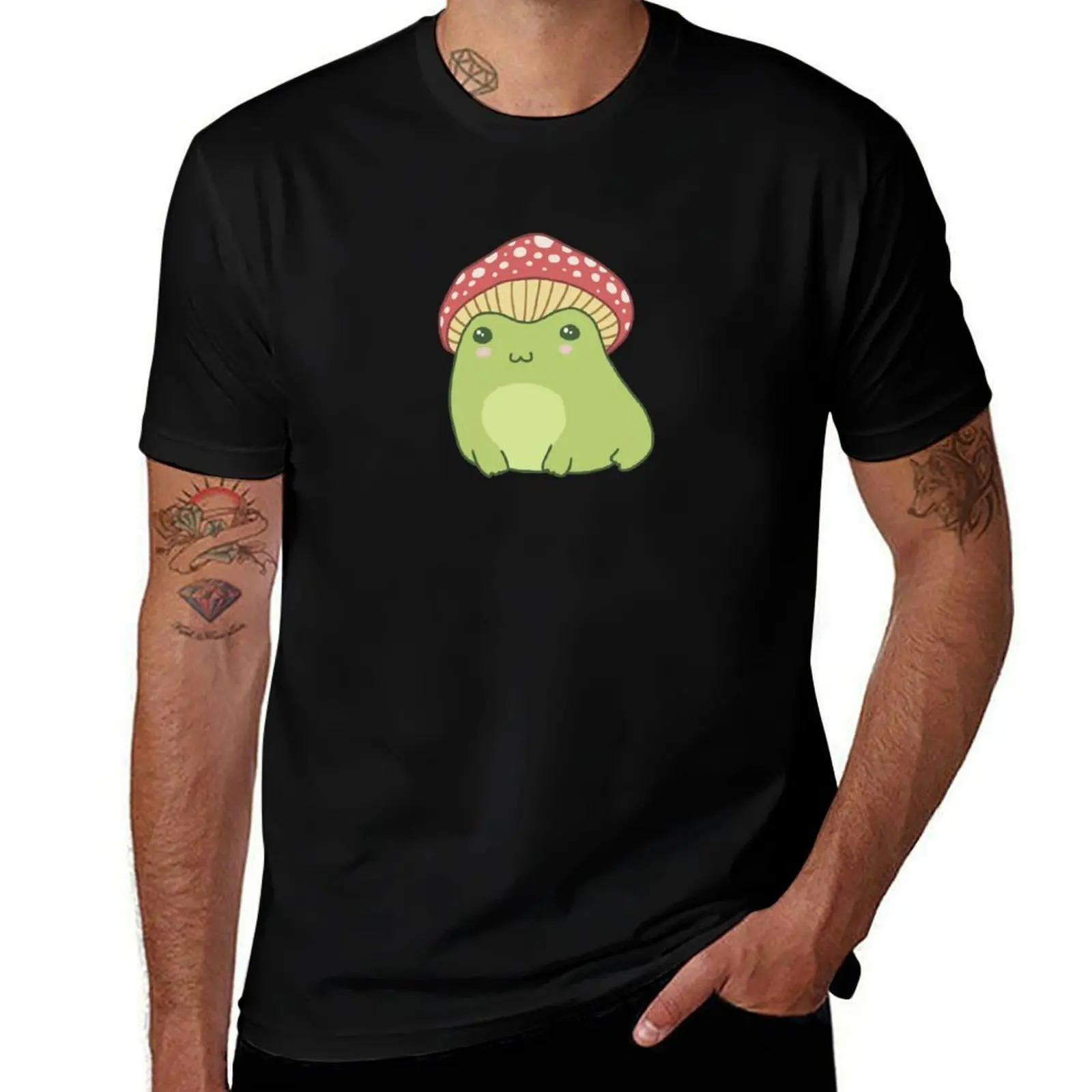 Kawaii Frog with Toadstool Mushroom Hat: Cottagecore Aesthetic Toad, Edgy Kidcore Alt Emo Fairycore Fantasy Froggy T-Shirt