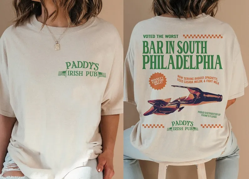 Paddy's Pub T-Shirt, Front Back It's Always Sunny in Philadelphia TV Show Merch Apparel, Funny Irish Bar Tee