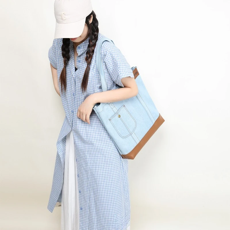 

New Korean Version Simple Denim Shoulder Bag Commuting Large Capacity Waterproof Canvas Shopping Bag
