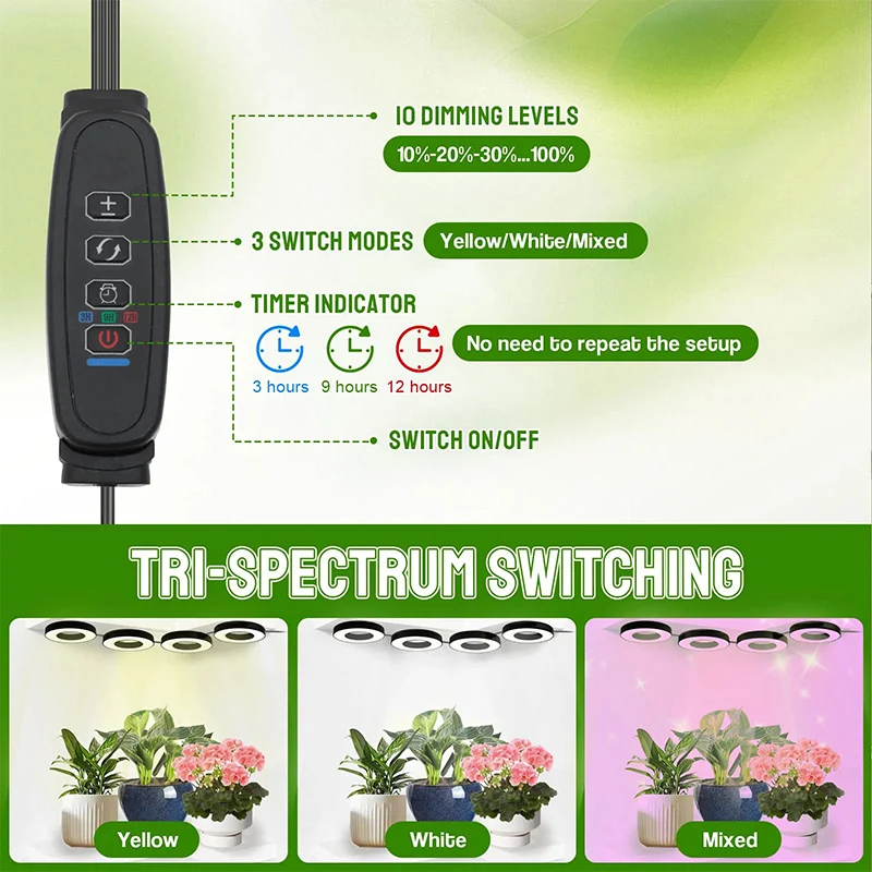 9CM 3 Modes Full Spectrum LED Grow Light, Dimmable with Automatic Timer for Indoor Hydroponic Succulents