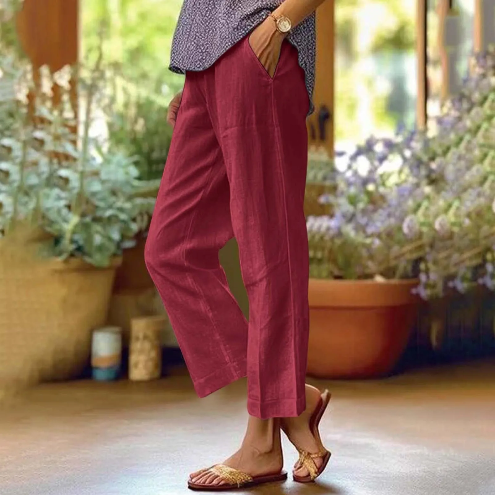 Women Loose Fitelastic Waisankle-Length Pantst Fashion Casual  Solid Color Pant With Pocket Loose Straight Lady Pants