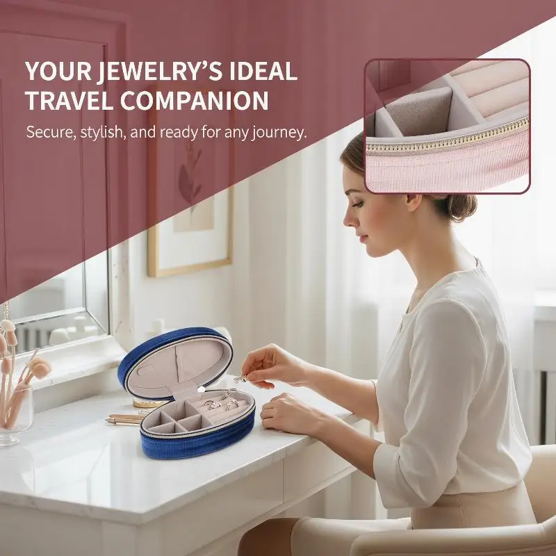 Retro Oval Velvet Mini Portable Jewelry Box For Rings Earrings Bracelets Necklaces Zipper Jewelry Box